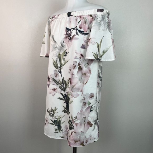 Lulus Shift Dress Small Ivory Floral Off-the-Shoulder Short Sleeve Women's - Picture 6 of 14